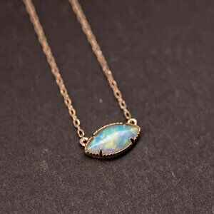 Minimalist Marquise Shaped Solid Opal Necklace 18K Yellow Gold